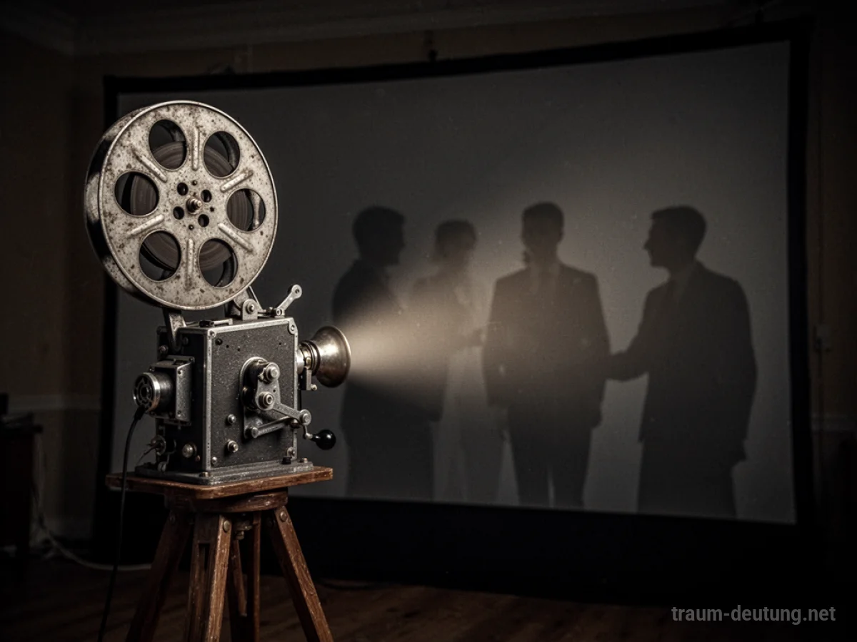 Stummfilmprojektor wirft Licht auf eine Leinwand mit Schattenfiguren dahinter.