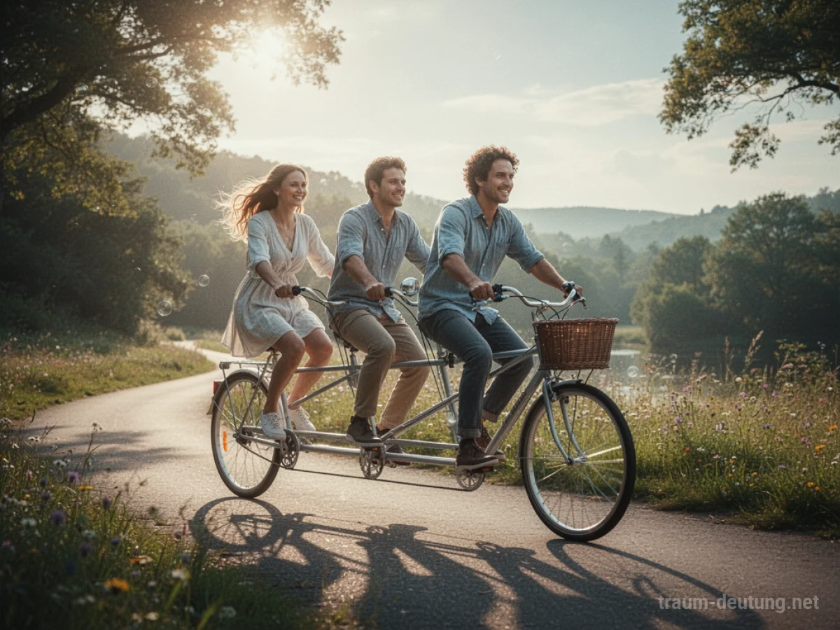 Ein Paar fährt synchron auf einem Tandemfahrrad einen sonnigen Weg entlang.
