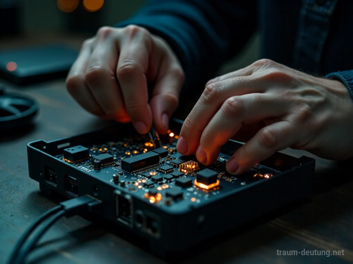Hände reparieren ein elektronisches Gerät, Kabel werden verbunden.