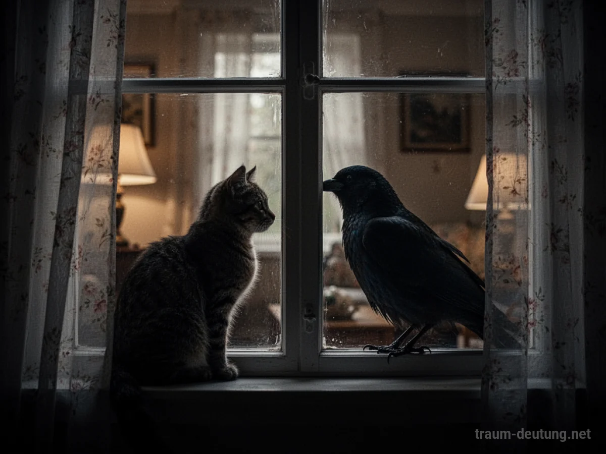 Silhouette eines Tieres blickt durch ein Fenster in einen dunklen Raum.