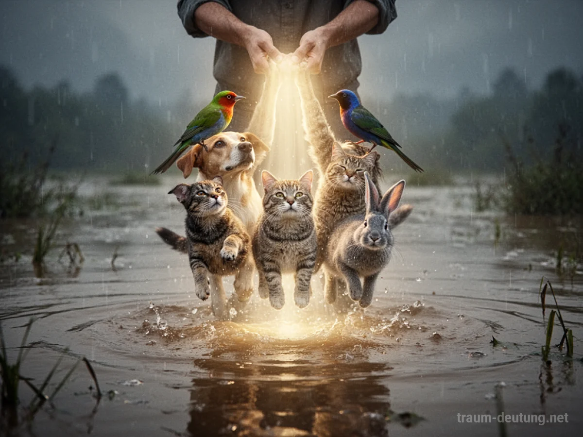 Tiere wie Hund, Katze und Vogel werden aus einer Flut gerettet.