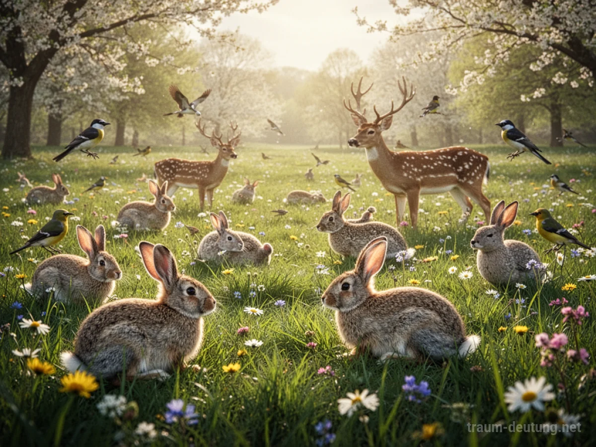 Tiere im Frühling auf einer blühenden Wiese unter strahlendem Sonnenschein