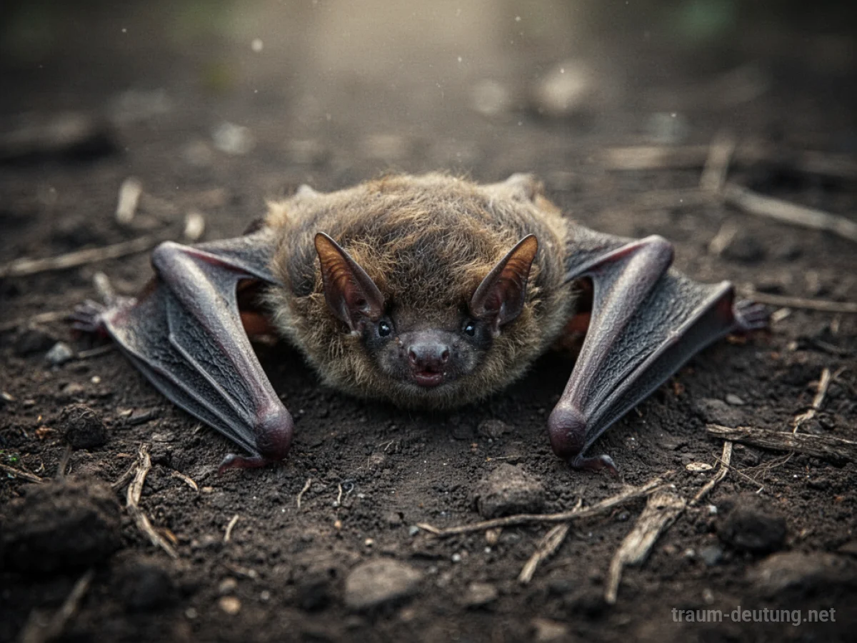 Eine tote Fledermaus liegt auf dunkler Erde.