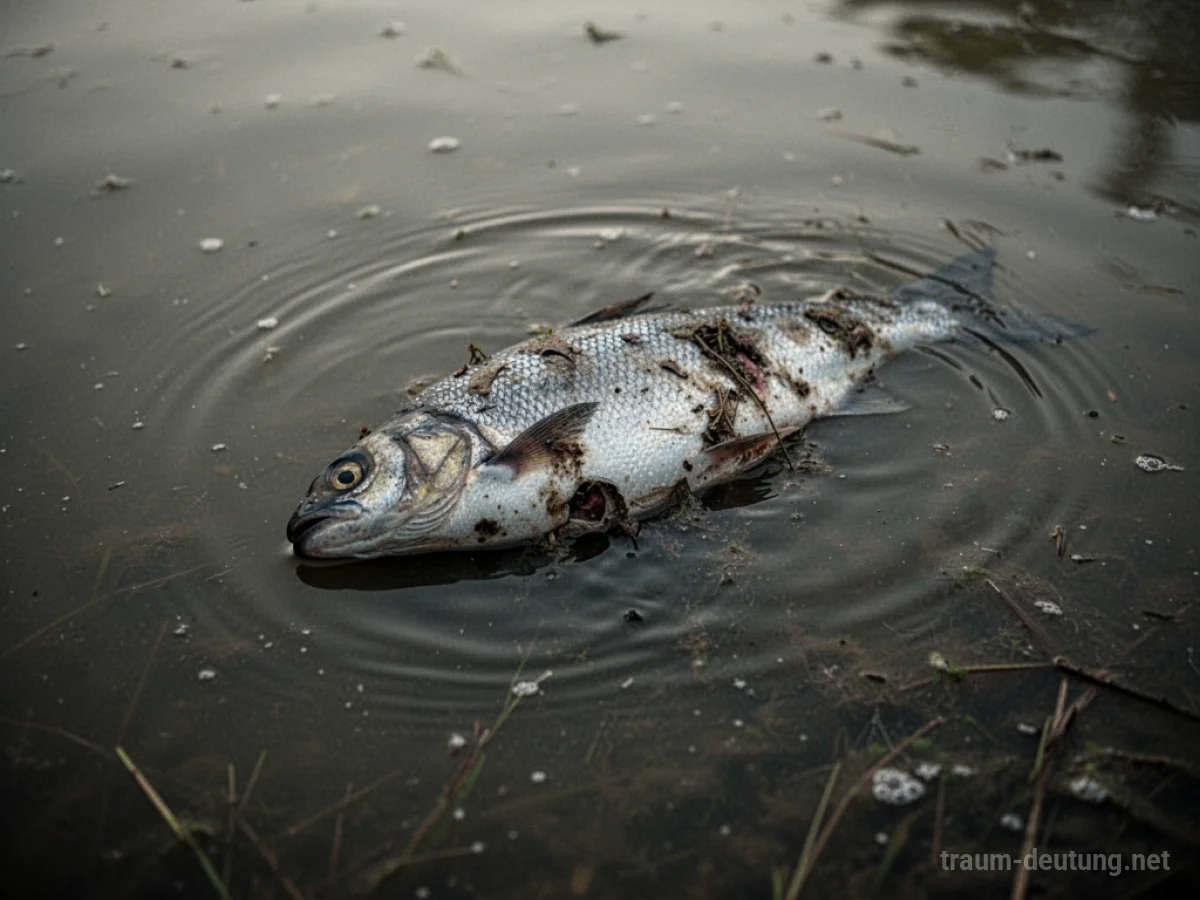 Ein toter Fisch treibt auf der Oberfläche von trübem Wasser.