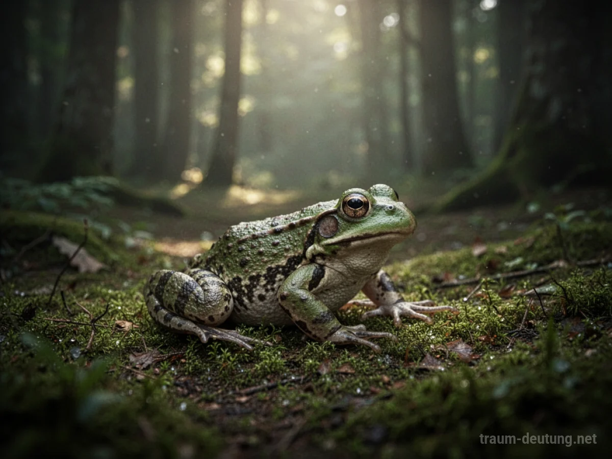Ein toter Frosch liegt auf feuchtem Moos in einem dämmrigen Wald.