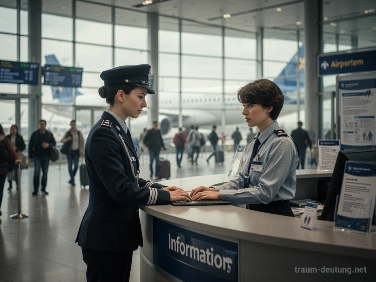 Eine Person im Uniform arbeitet am Informationsschalter eines Flughafens.