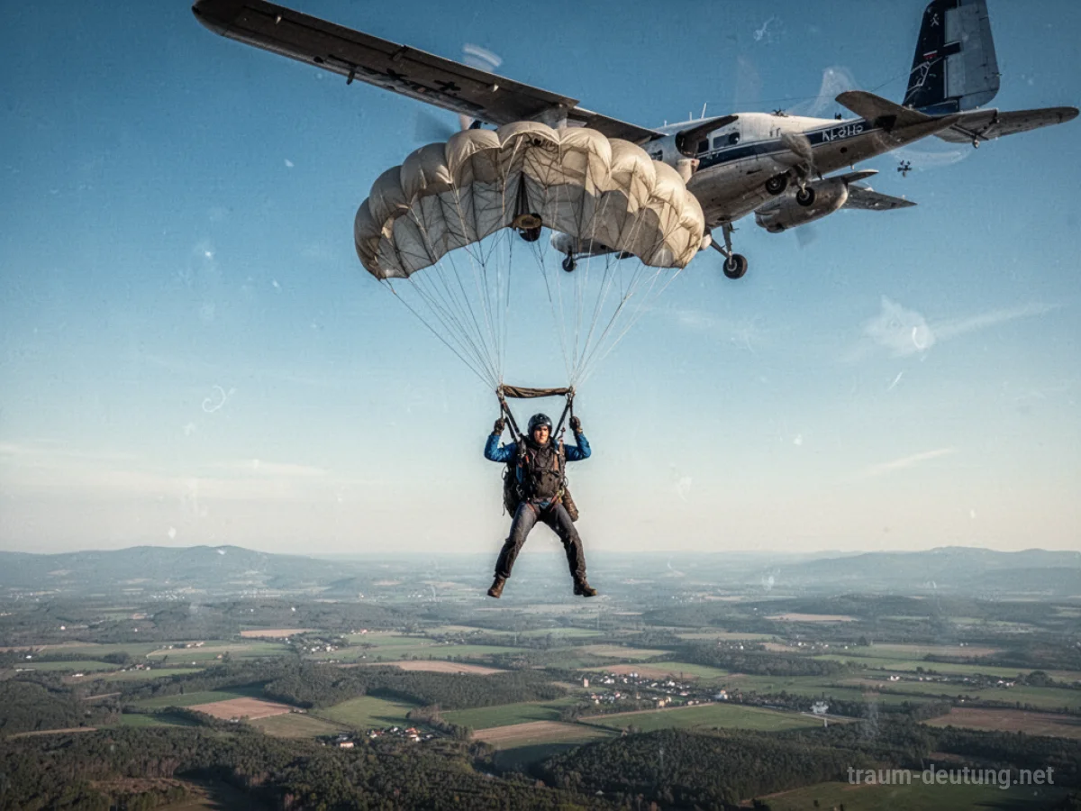 Fallschirmspringer schwebt aus einem Flugzeug in den Himmel.