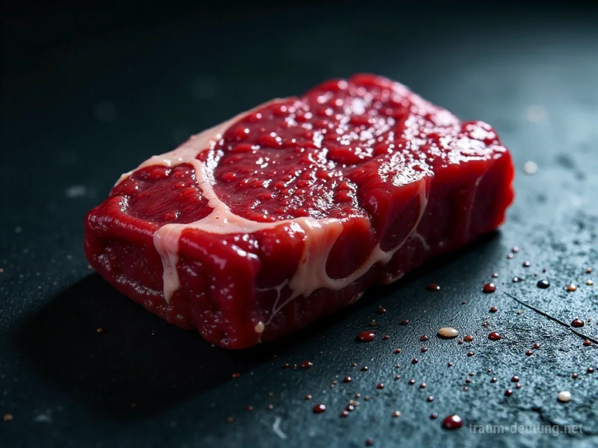 Ein Stück rohes, blutiges Fleisch auf dunklem Untergrund