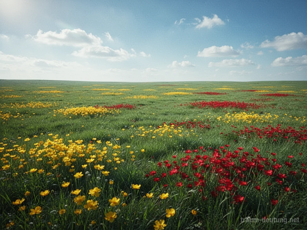 Ein grünes Feld mit unerwartet bunten Farbflecken.