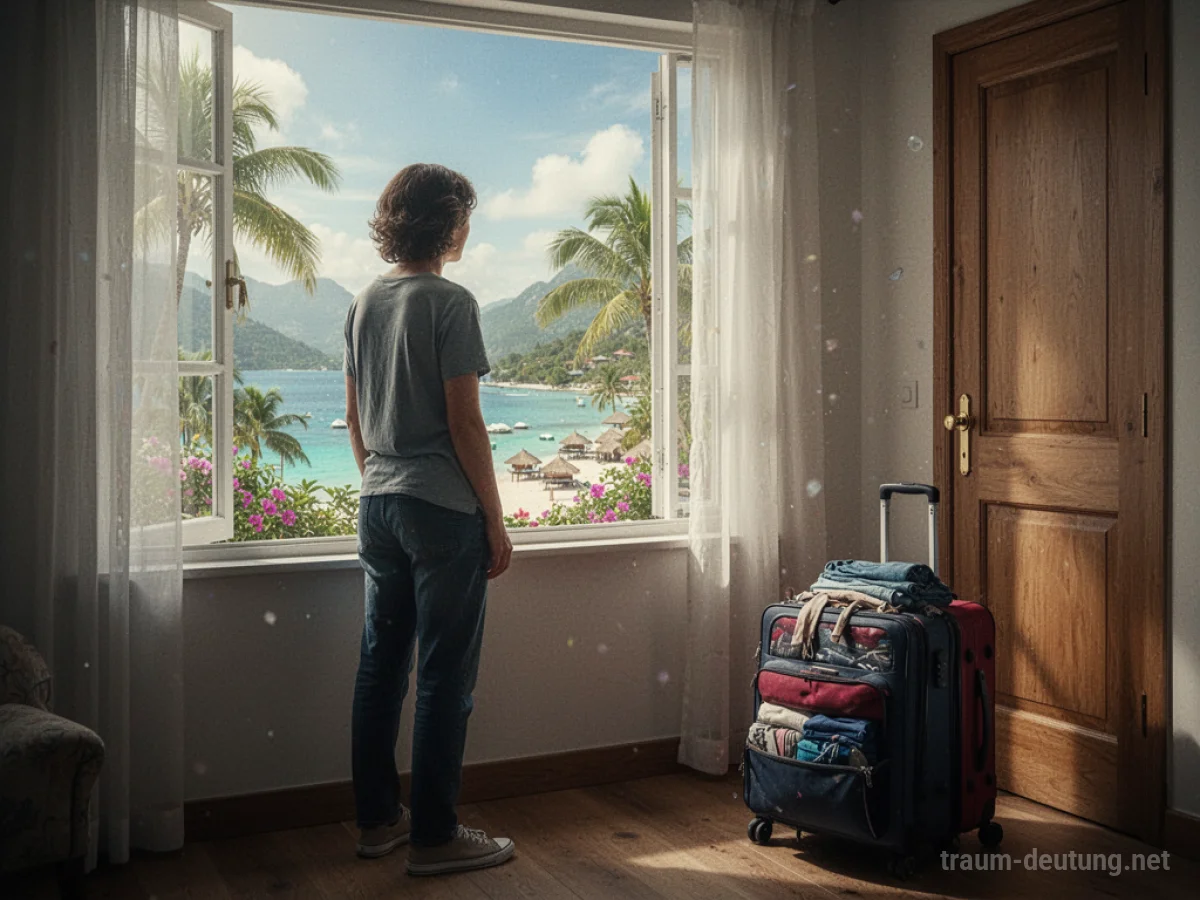 Eine Person blickt aus dem Fenster auf eine schöne Urlaubskulisse, während ihr gepackter Koffer an der Tür steht.
