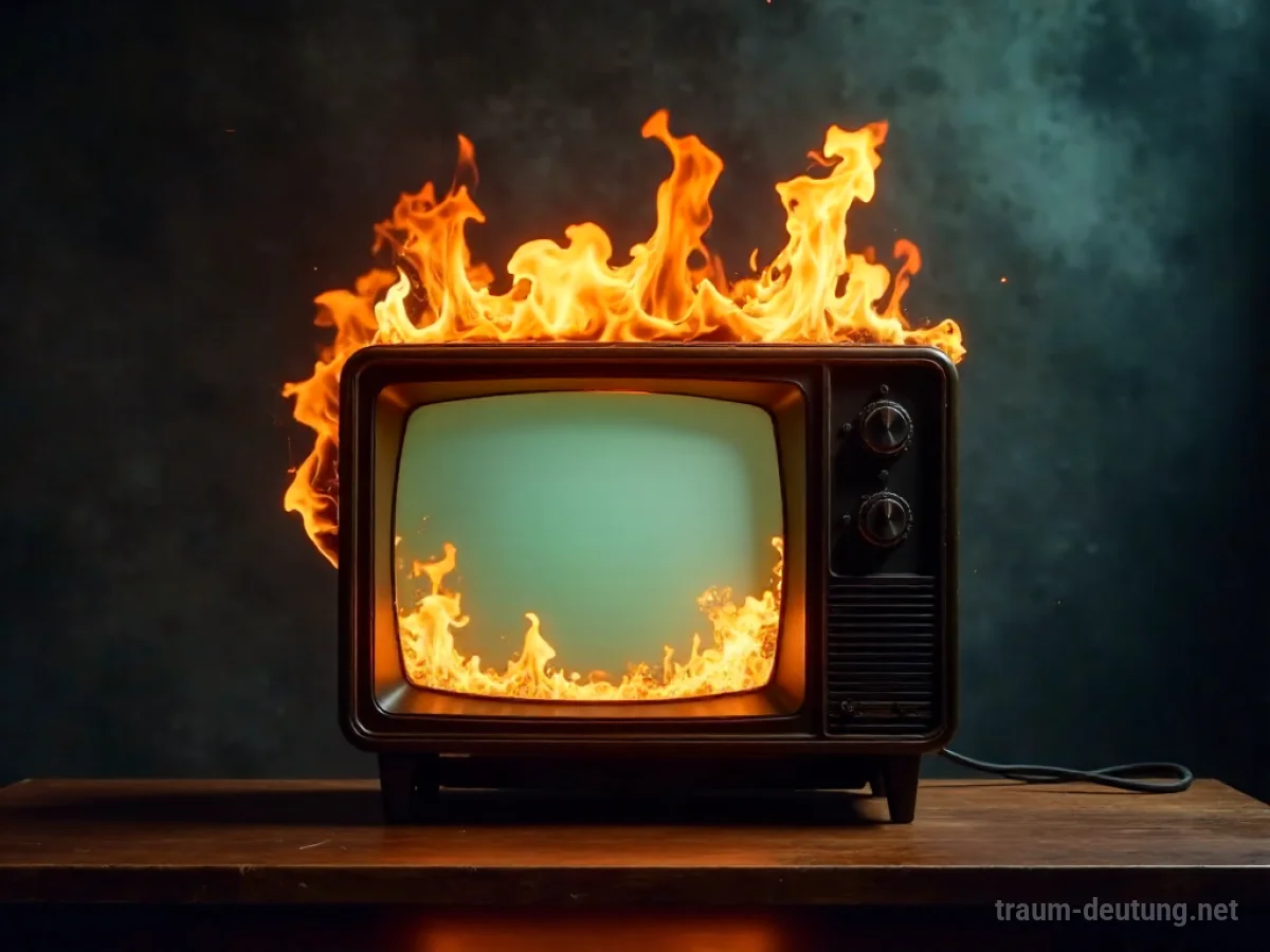 Brennender Fernseher im Dunkeln, mit Rauch aufsteigend.