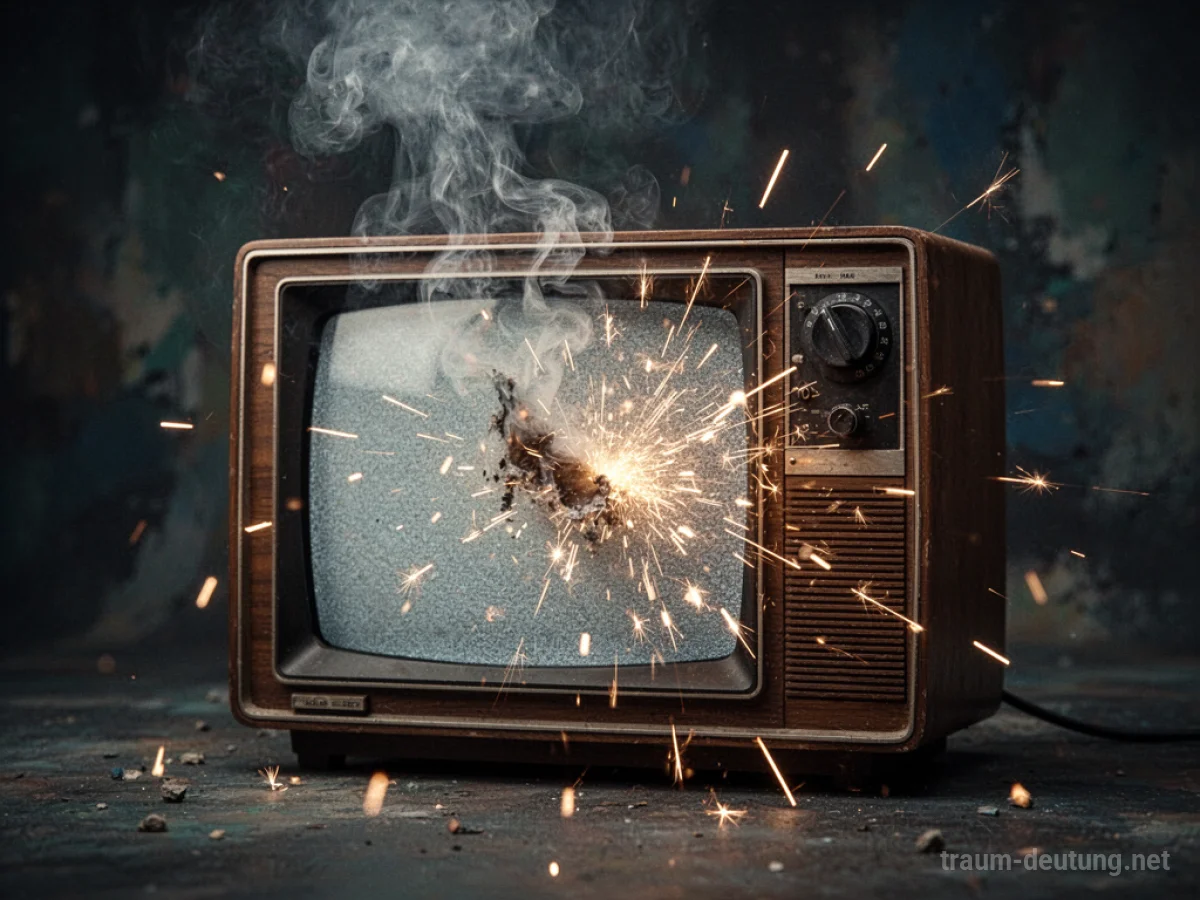 Explodierender Fernseher mit Rauch und Funken