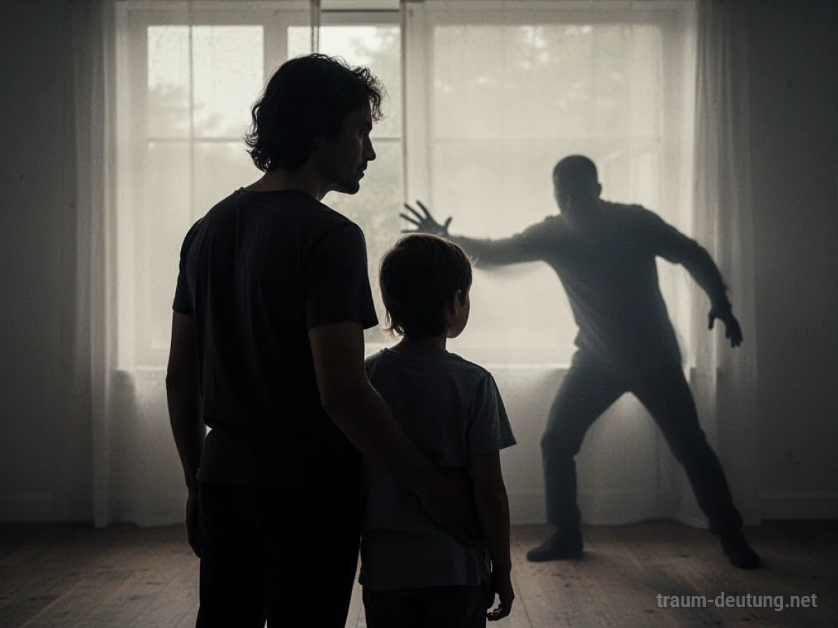 Silhouetten von zwei Personen, eine schützt die andere vor einer bedrohlichen Figur.