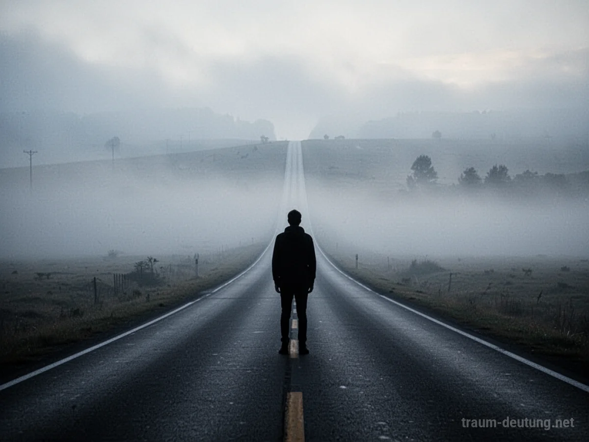 Silhouette einer Person, die auf eine sich im Nebel verlierende Straße blickt
