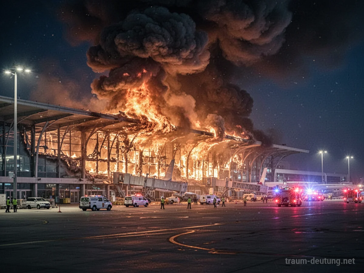 Flughafen-Terminal steht in Flammen, Rauch steigt auf
