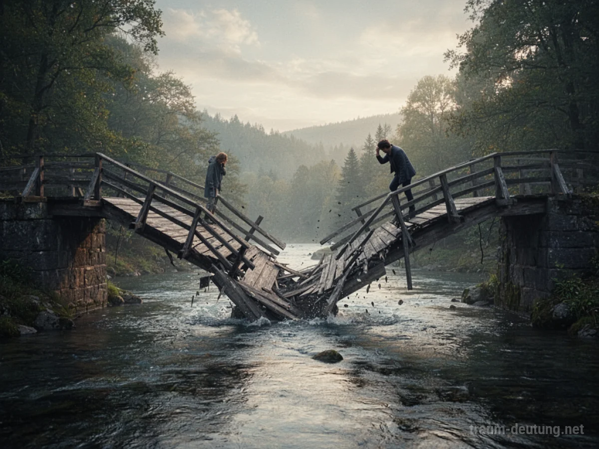 Eine Flussbrücke bricht in der Mitte ein, eine Person steht auf dem verbleibenden Teil.