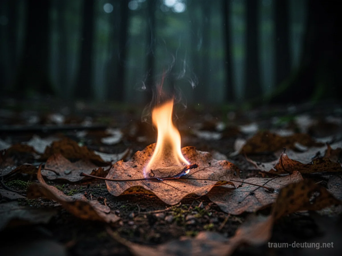 Kleine Flamme entzündet sich auf einem trockenen Blatt im Dunkeln