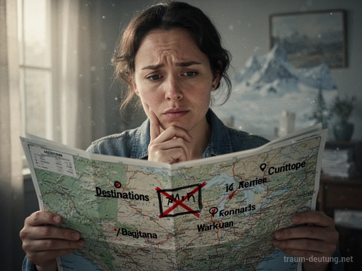 Eine Person betrachtet eine Landkarte mit mehreren Reisezielen, wobei ein Ziel durchgestrichen ist.