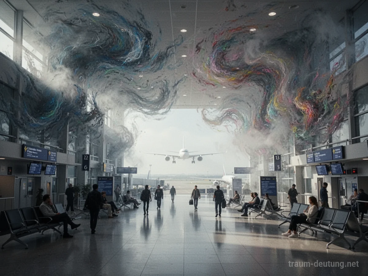 Ein Flughafeninnenraum, dessen Wände sich auflösen und in Nebel übergehen