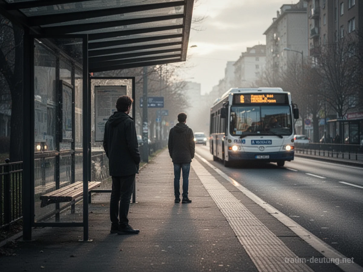 Eine Person steht allein an einer Bushaltestelle, während der Bus wegfährt.