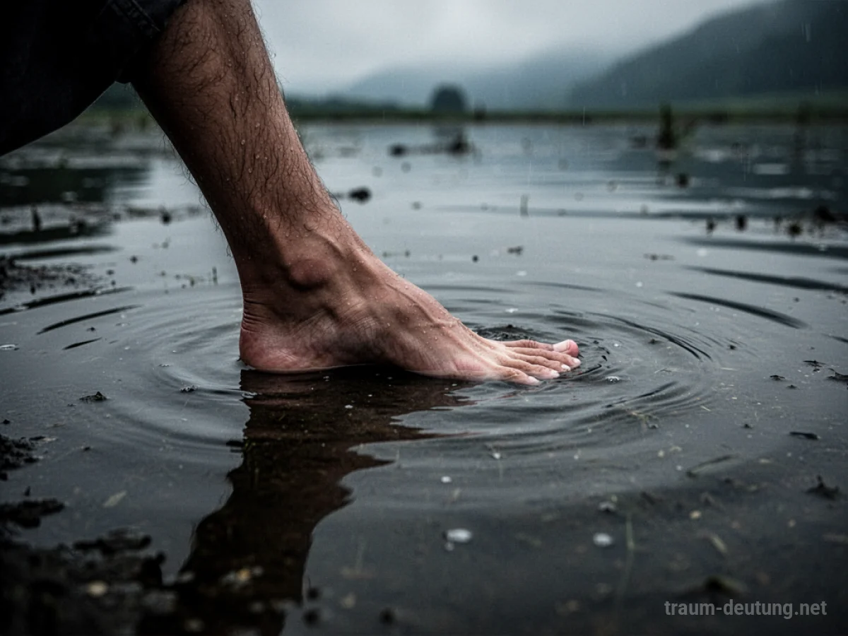 Ein Fuß versinkt in trübem Wasser, nur der Knöchel ragt heraus.