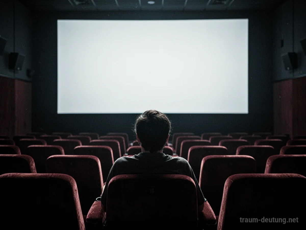 Silhouette einer Person in einem dunklen Kino, die auf eine leere Leinwand blickt.