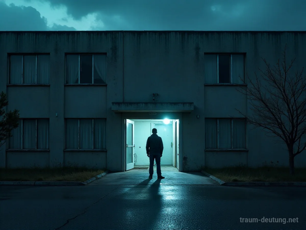 Silhouette einer Person vor einer verlassenen Firmengebäude