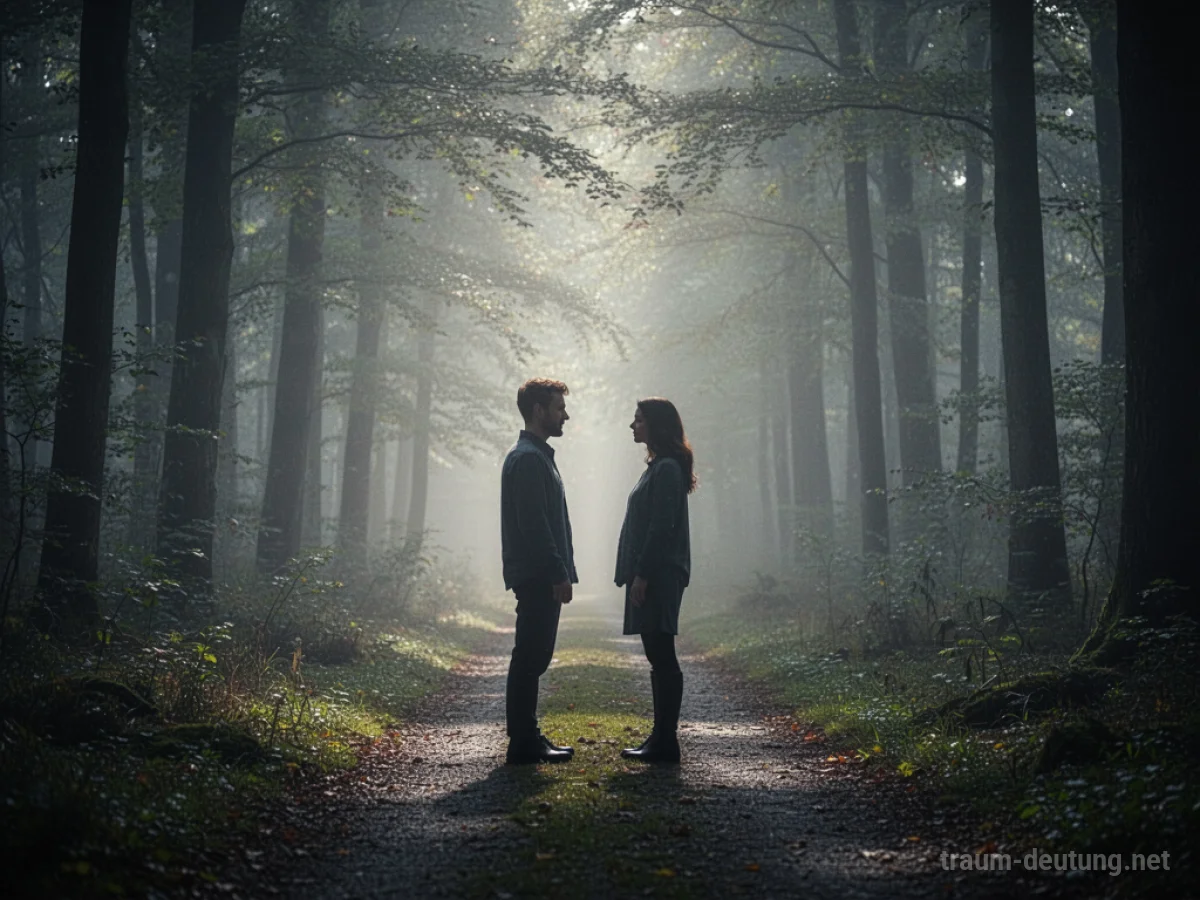 Zwei Silhouetten treffen sich auf einem nebligen Pfad im Wald.