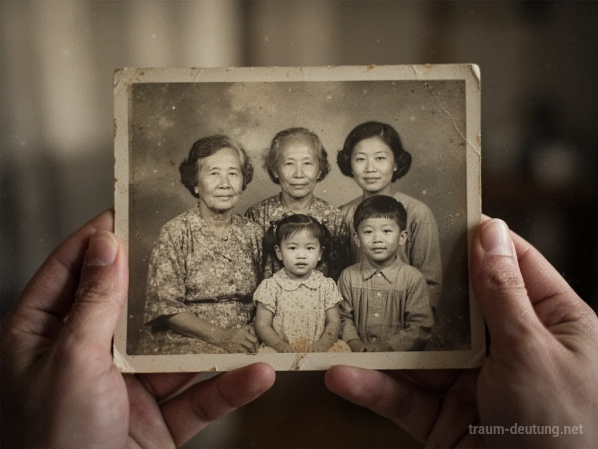 Ein altes Familienfoto mit lächelnden Gesichtern, gehalten in Händen.
