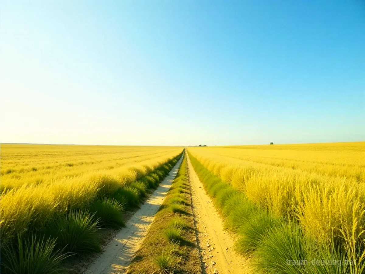 Eine Person betritt ein weites, sonniges Feld mit einem Weg in die Ferne.