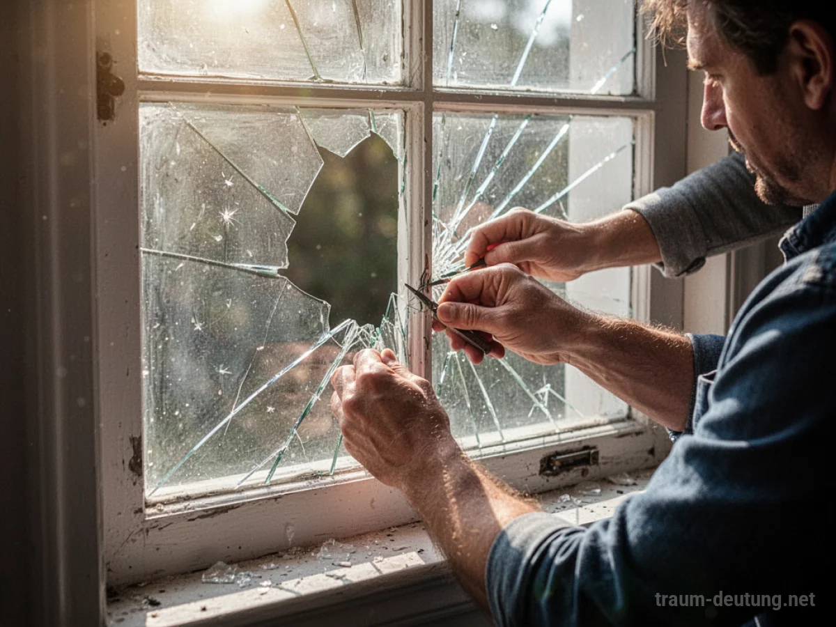 Hände reparieren ein zerbrochenes Fenster im Sonnenlicht