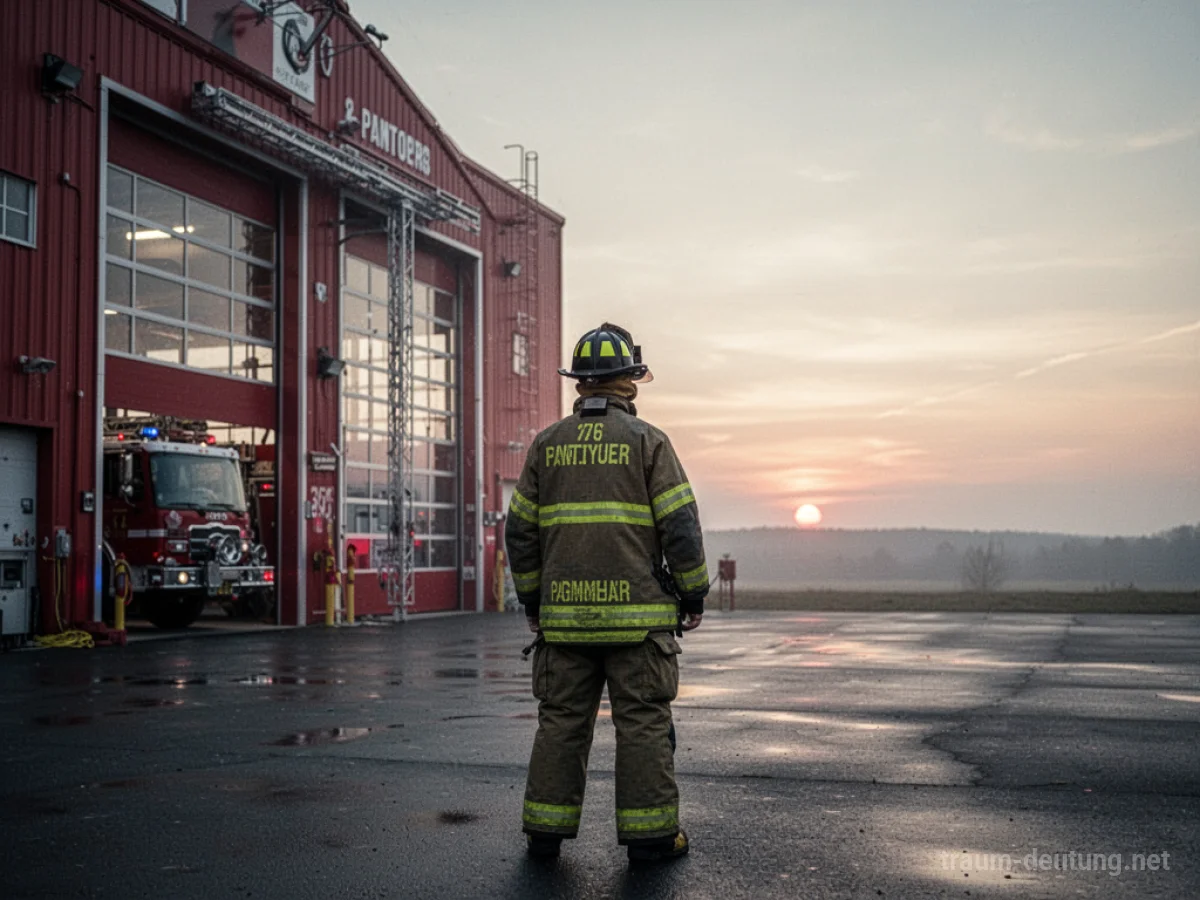 Person in Feuerwehruniform vor Feuerwache, Blick zum Horizont