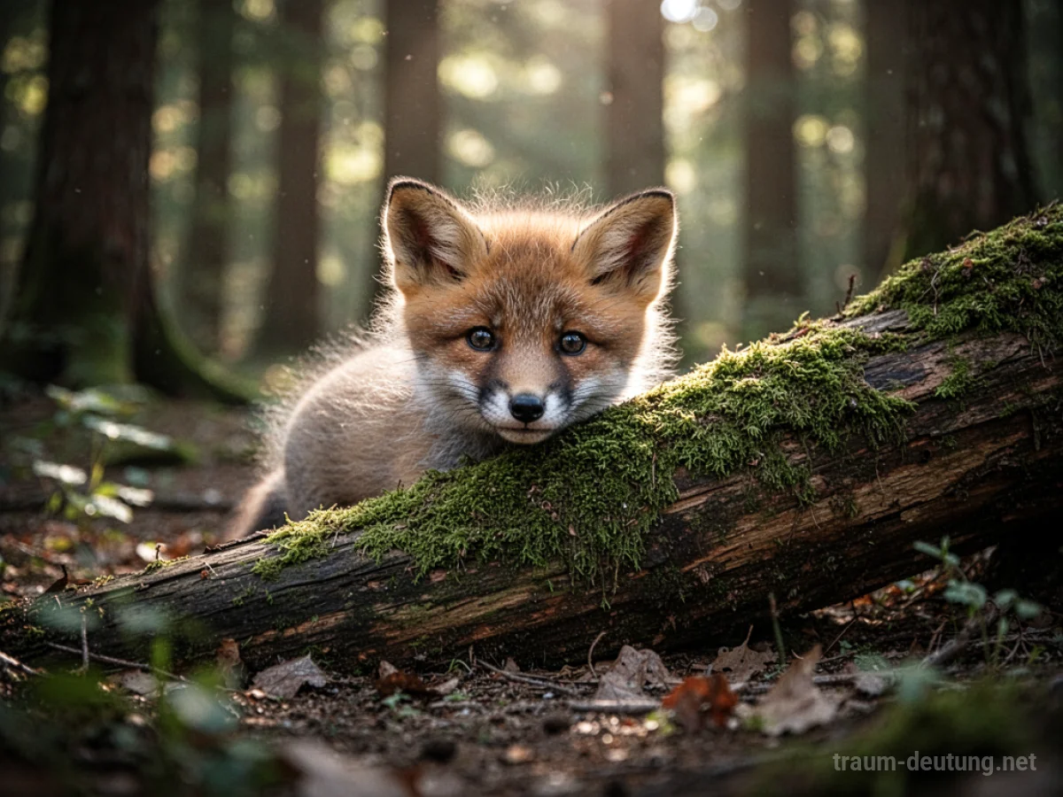 Ein niedliches Fuchsbaby schaut neugierig aus einem Waldversteck.