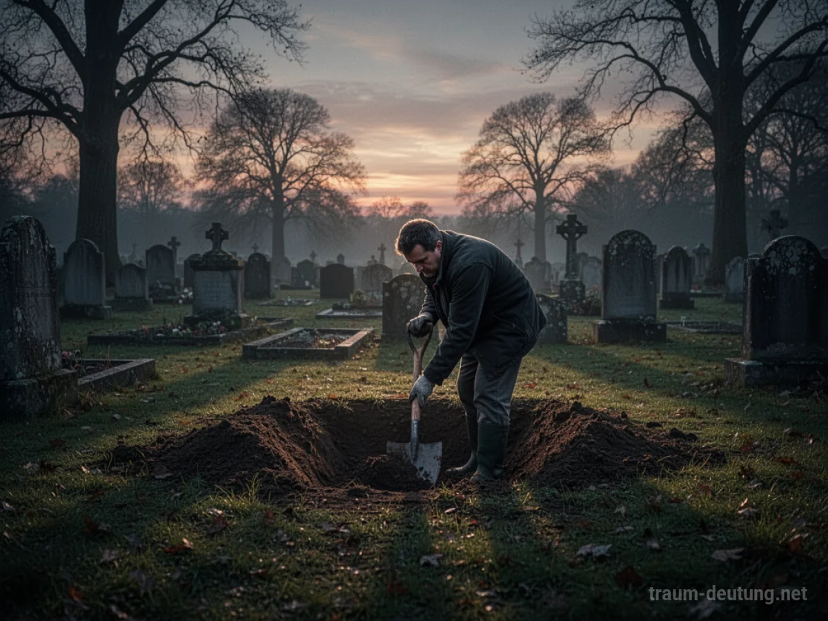 Eine Person gräbt ein Grab auf einem Friedhof bei Dämmerung.