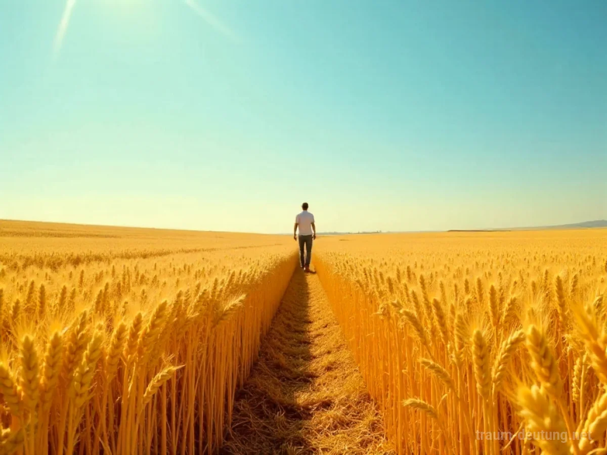 Ein goldenes Kornfeld unter blauem Himmel mit einer Person, die hindurchgeht.