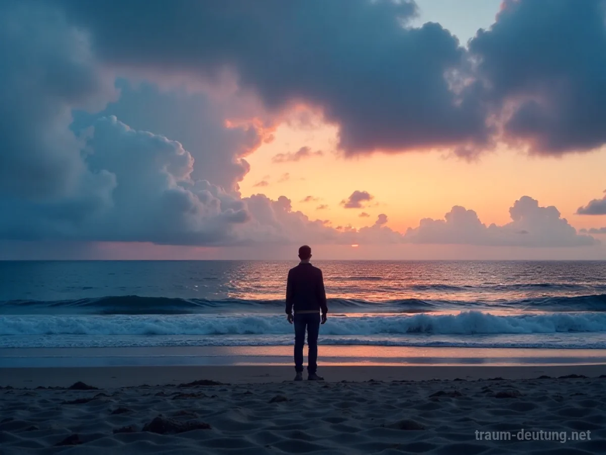 Eine einsame Person steht an einem leeren Strand und blickt auf das Meer.