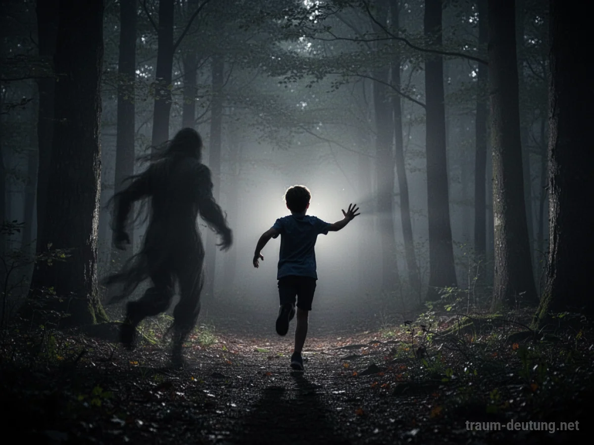 Eine Person flieht vor einer dunklen Gestalt in einem nebligen Wald.