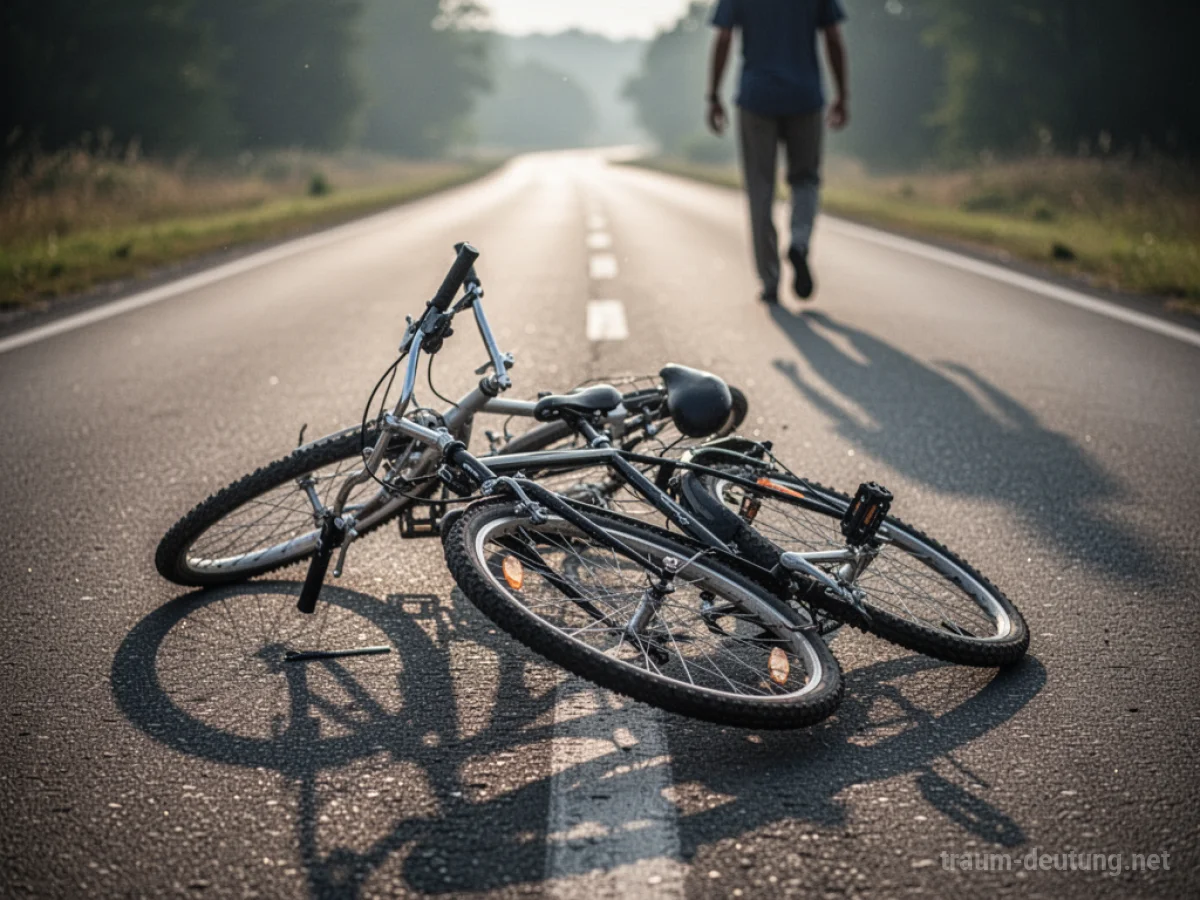 Umgekipptes Fahrrad auf einer Straße, im Hintergrund ein Schatten