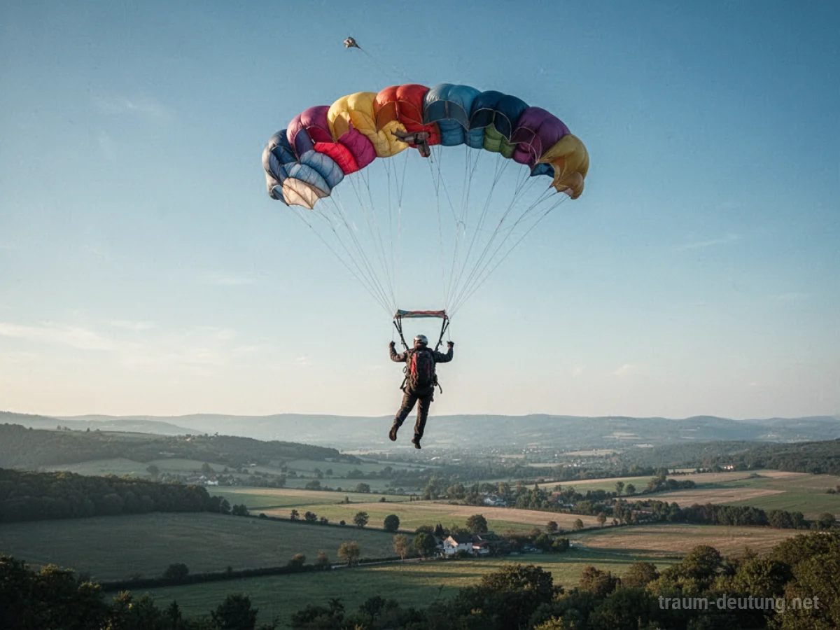 Eine Person genießt den freien Fall mit einem Fallschirm über einer friedlichen Landschaft.