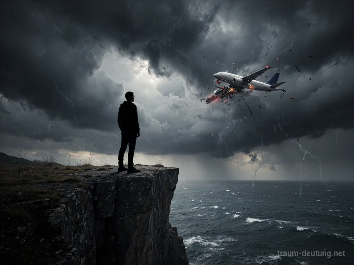 Silhouetten einer Person, die einen Flugzeugabsturz beobachtet