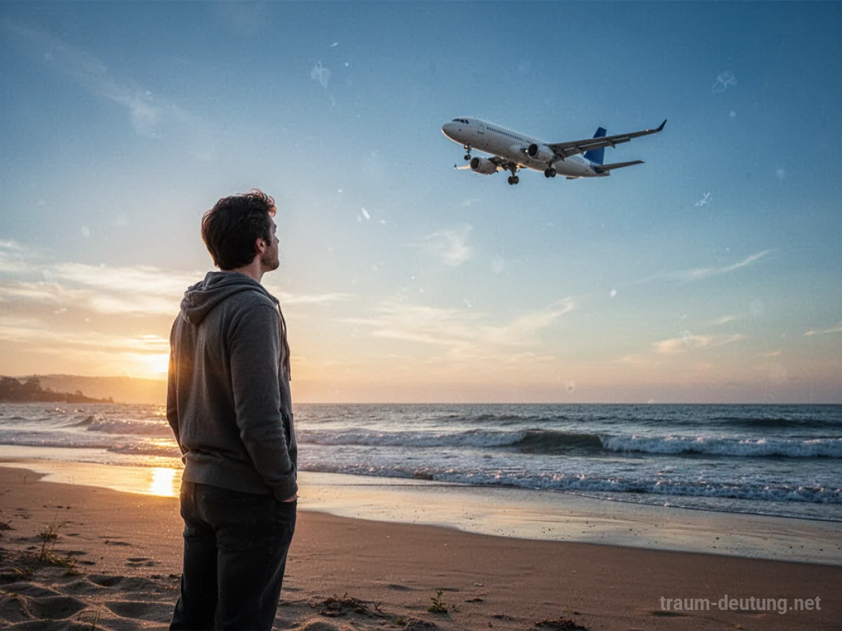Person blickt auf ein Flugzeug am Himmel nach einem überlebten Absturz.