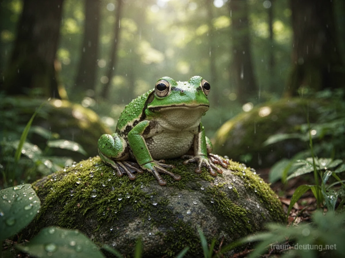 Ein grüner Frosch sitzt auf einem moosbewachsenen Stein in einem sonnigen Wald.