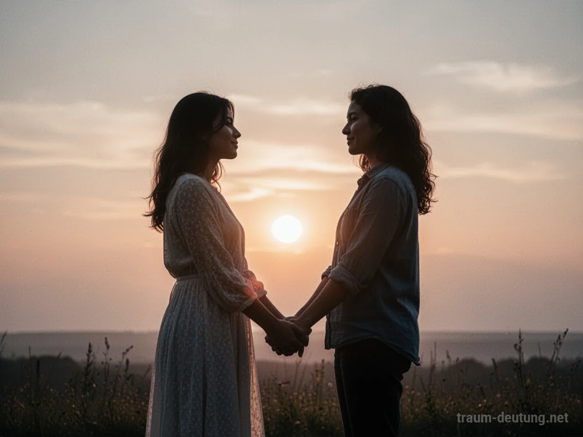 Zwei Silhouetten halten Händchen vor einem romantischen Sonnenuntergang