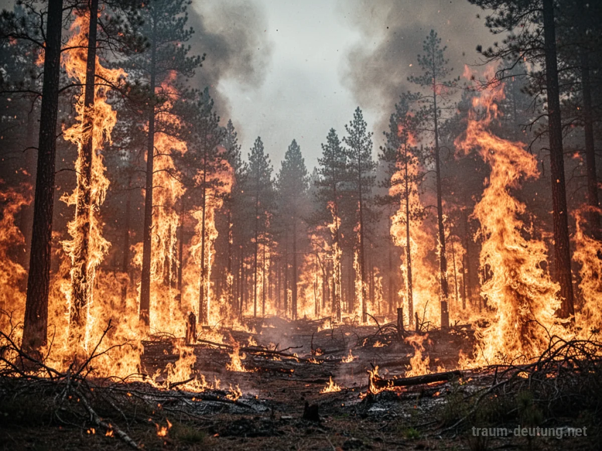 Ein brennender Wald mit hohen Flammen unter einem rauchigen Himmel.