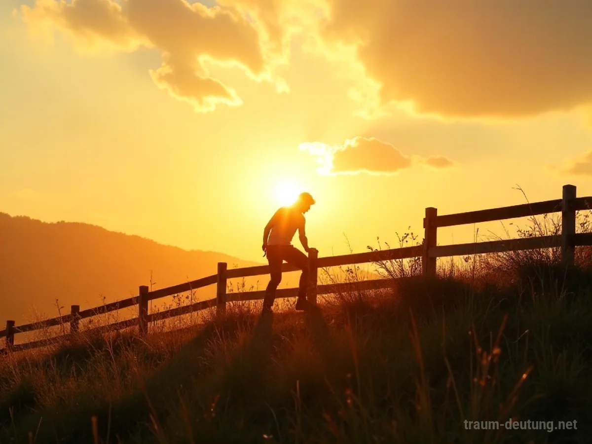 Eine Person überwindet einen Zaun in eine offene Landschaft.