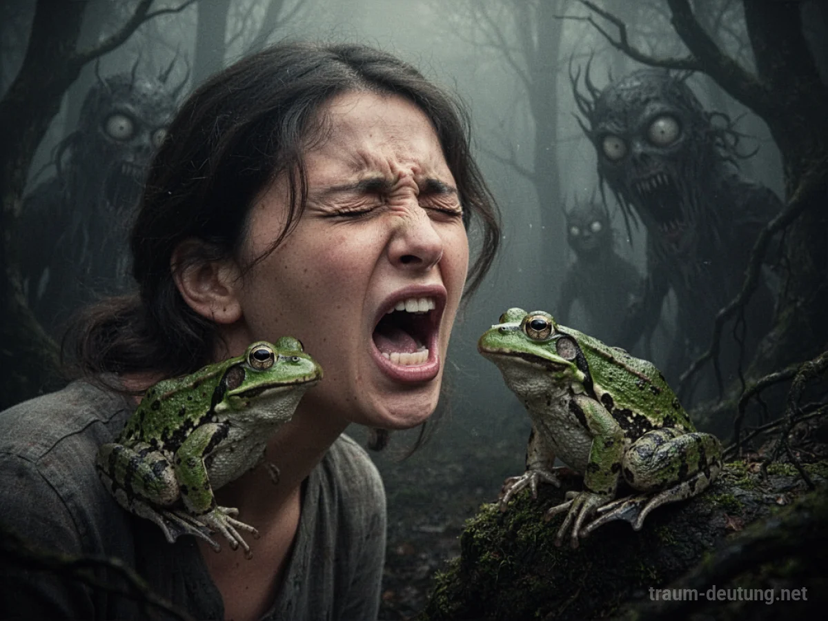 Person wendet sich angewidert von einem Frosch ab, dunkler Hintergrund.