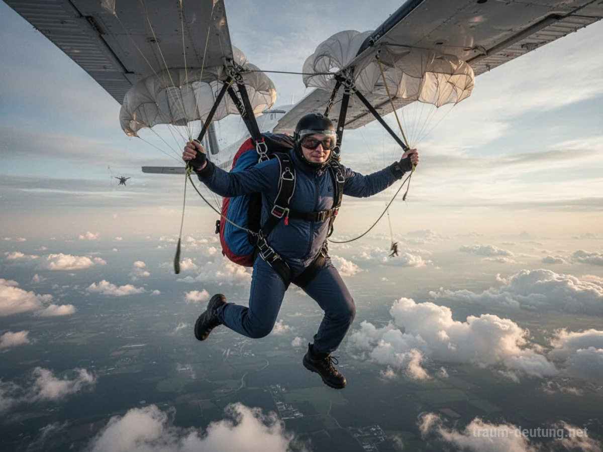Person mit Fallschirm vor dem Sprung aus einem Flugzeug, Himmel und Wolken darunter.