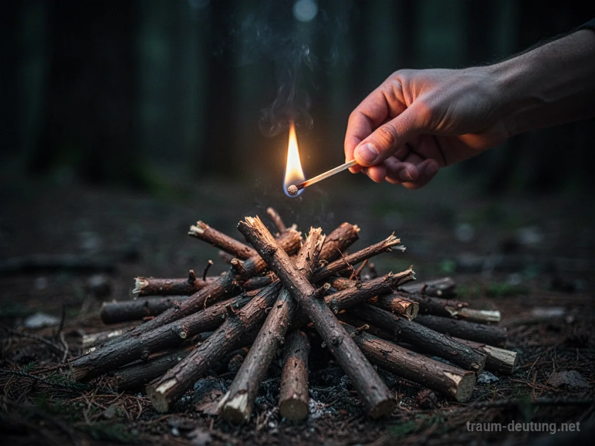 Hand entzündet Feuer mit Streichholz auf Holzscheiten