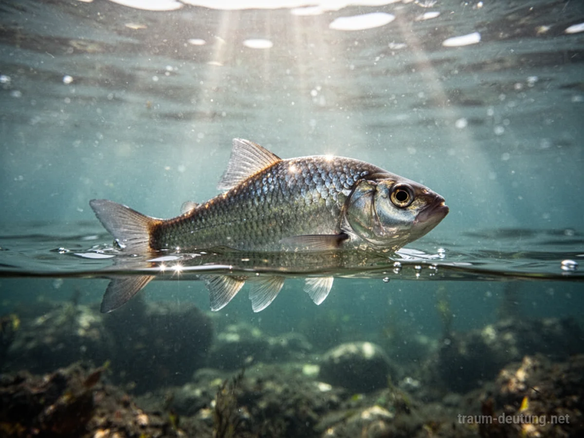 Fisch taucht aus ruhigem Wasser auf, Sonnenlicht auf den Schuppen.