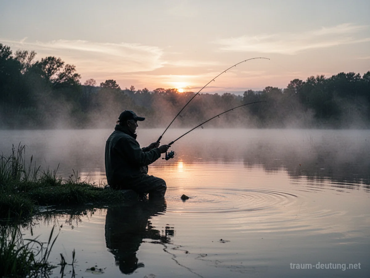 Person angelt auf einem ruhigen See im Morgengrauen